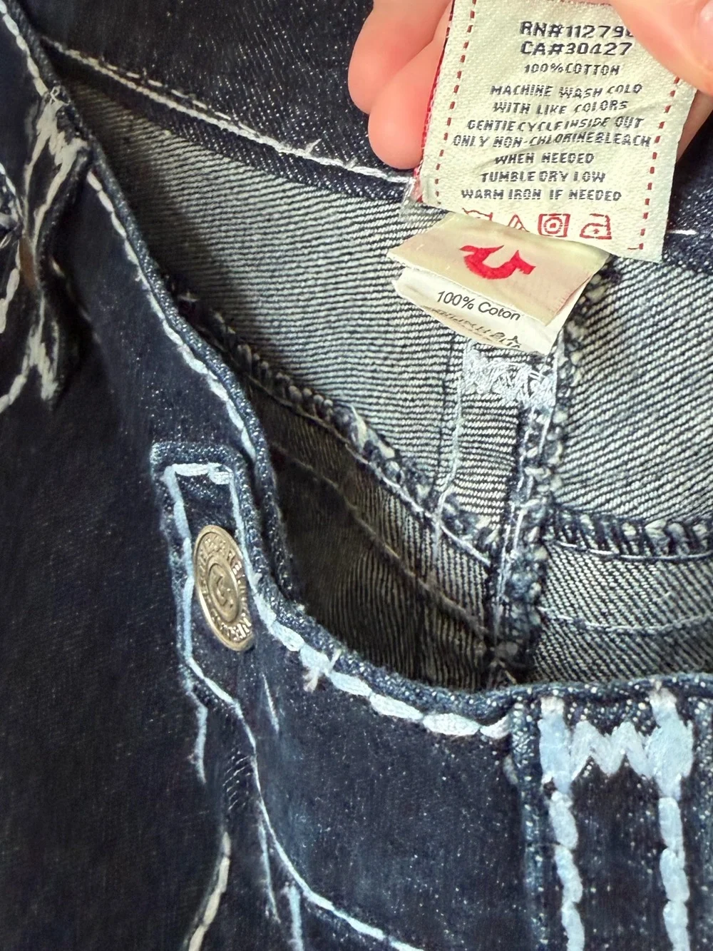 True Religion Bobby Super T Jeans Dark Wash White Contrast Stitch Men’s Row 34